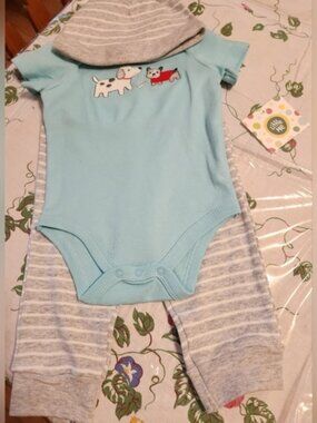 LITTLE ME - Puppies Bodysuit & Pant Set with hat, 3 piece set; NWT